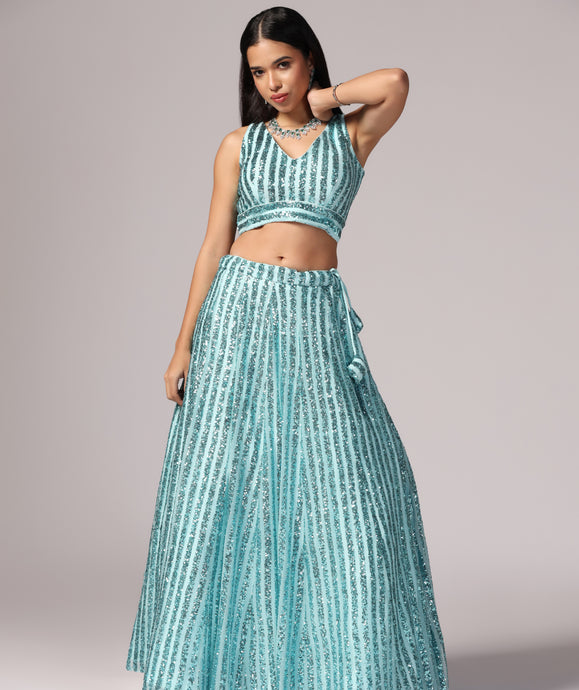 Teal Sequins Sparkle Lehnga Choli Dupatta