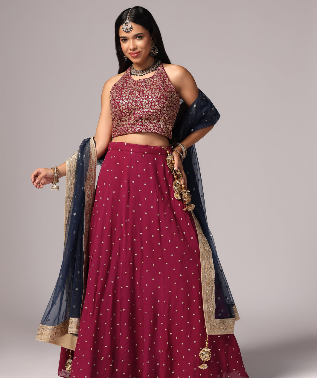 Wine n Blue Lehnga Choli Dupatta set