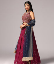 Load image into Gallery viewer, Wine n Blue Lehnga Choli Dupatta set